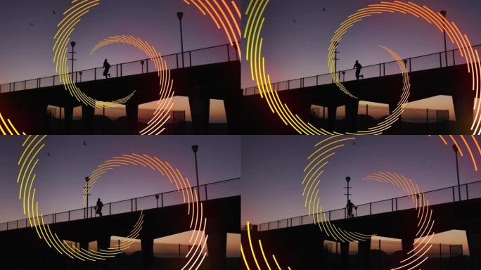 城市日落时在桥上奔跑的橙色线螺旋旋转的动画