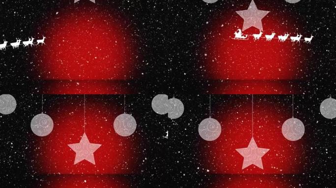 红色背景上的雪落在星星上的动画