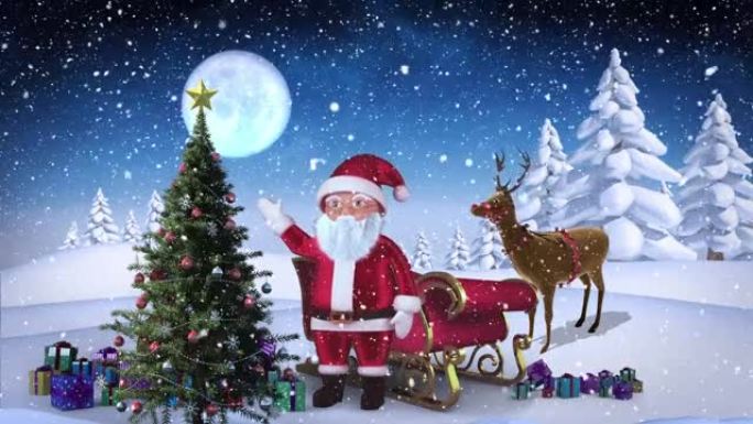 雪落在圣诞老人的挥舞，圣诞树和冬季景观上的圣诞节礼物上