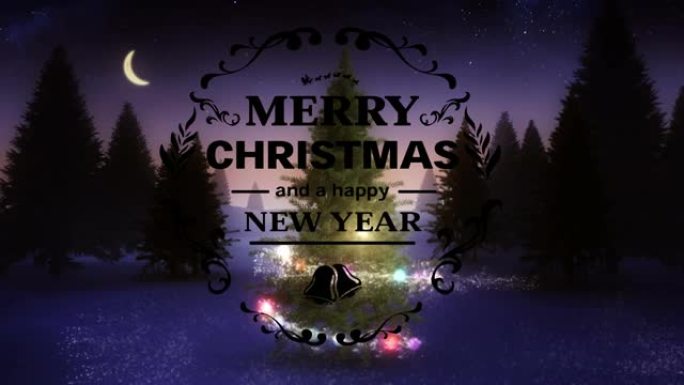 圣诞快乐和新年快乐冬季景观圣诞树上的文字横幅