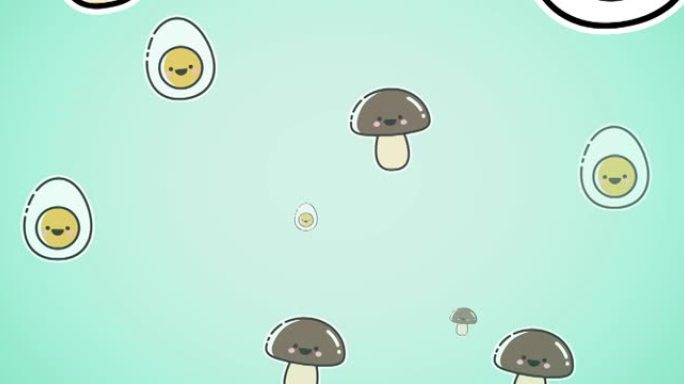 卡通鸡蛋和蘑菇漂浮在绿色背景上的动画