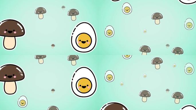 卡通鸡蛋和蘑菇漂浮在绿色背景上的动画