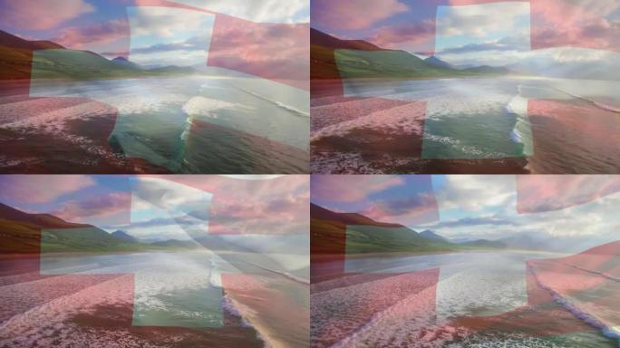 动画的瑞士国旗在海滩景观和海浪在海