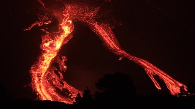 拉帕尔马火山夜间喷发，大量熔岩流崩塌，熔岩流在锥侧呈瀑布状。神奇的声音!地质活着!
