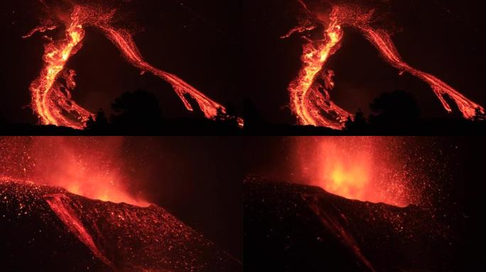 拉帕尔马火山夜间喷发，大量熔岩流崩塌，熔岩流在锥侧呈瀑布状。神奇的声音!地质活着!