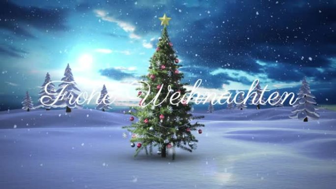 冬季风景中飘雪和圣诞树上的季节问候文本动画