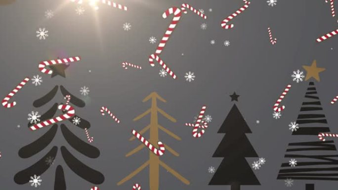 灰色背景上的圣诞节装饰品上的雪的动画