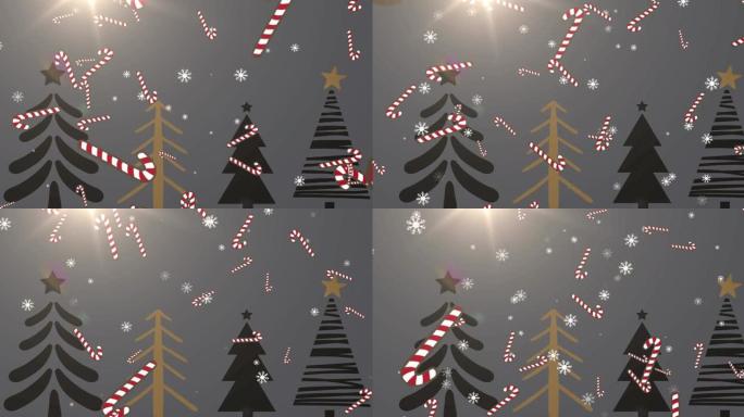 灰色背景上的圣诞节装饰品上的雪的动画
