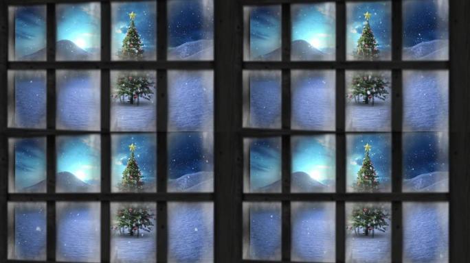 圣诞树和冬季景观的窗口视图动画