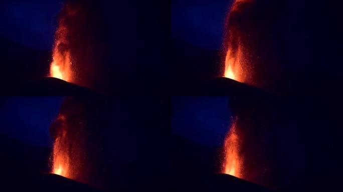 漆黑的夜晚火山爆发