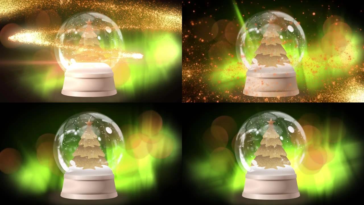 带有圣诞树的雪球动画在发光的多色斑点上