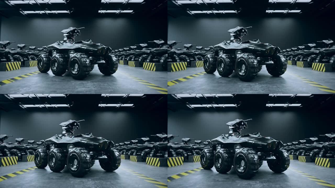 军事基地的未来派军事坦克。逼真的4k动画。