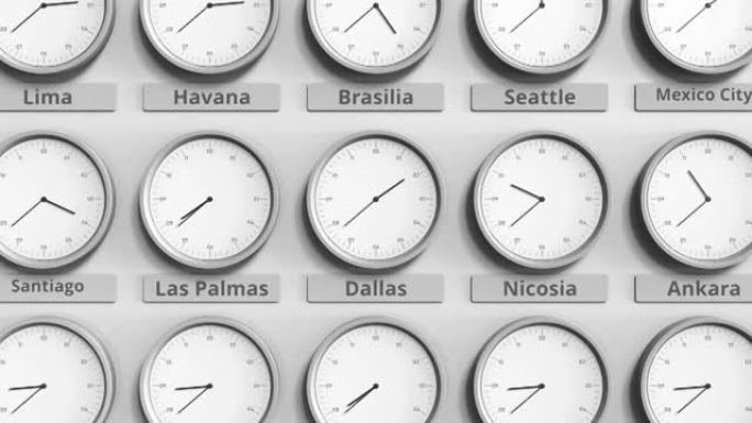 时钟显示不同时区之间的美国达拉斯时间。3D动画