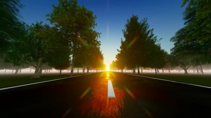 自然道路上行驶的日落景色