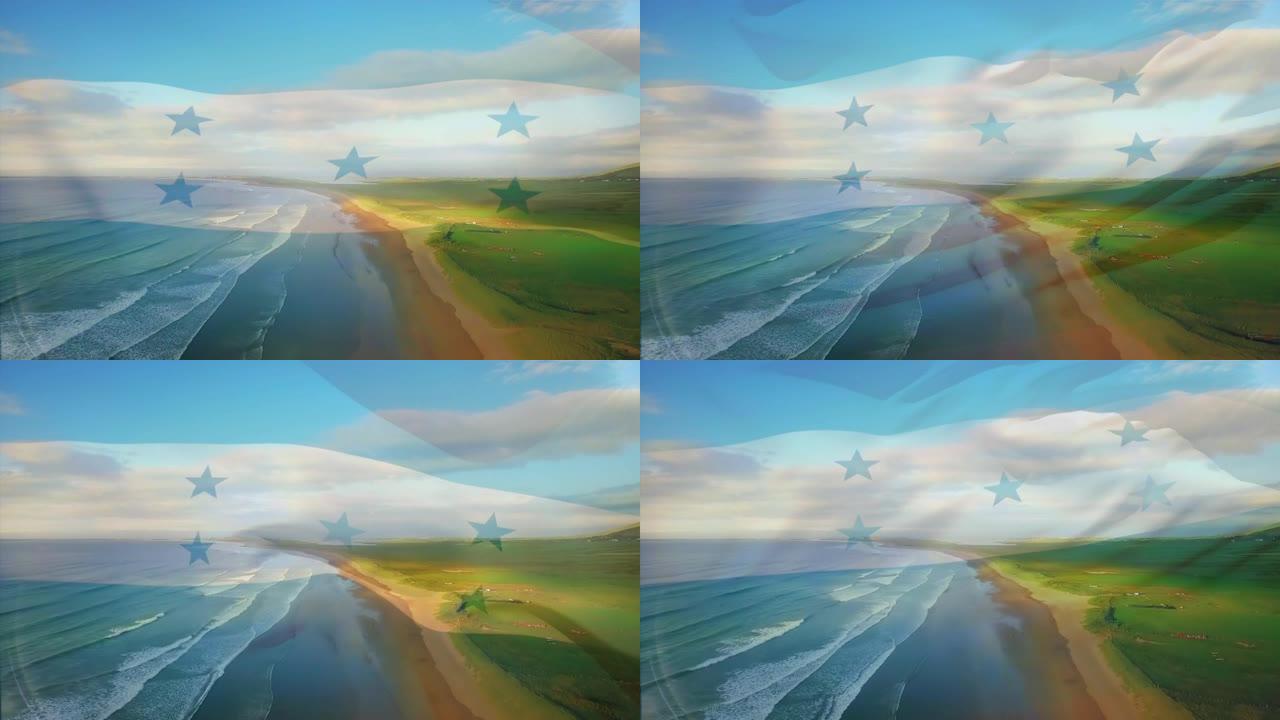 数字组成的宏都拉斯旗帜挥舞对海浪在海的鸟瞰图