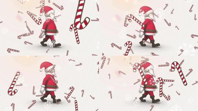 圣诞老人走路时掉落的雪和糖果棒动画