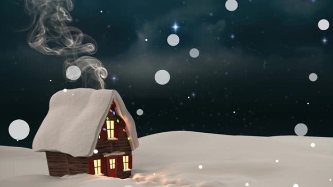 冬天夜晚下雪的动画风景和房子