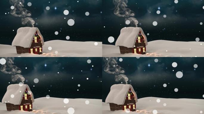 冬天夜晚下雪的动画风景和房子