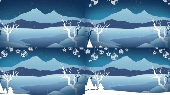 圣诞节装饰上飘着雪的动画，并带有冬景