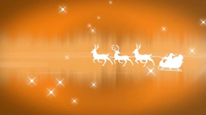 橙色背景上的圣诞老人雪橇在星星上的动画