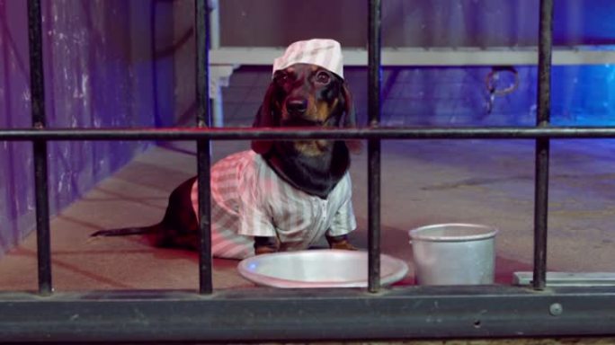 穿着灰色条纹囚犯制服的腊肠狗，带金属碗和马克杯，看上去像是坐在地板上的牢房里