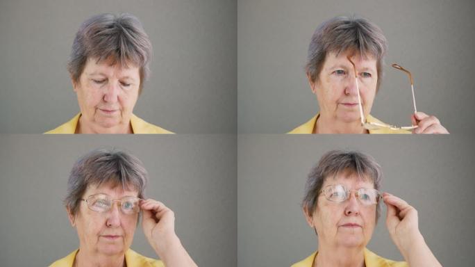一位上了年纪的妇女的肖像。老妇人戴上了眼镜。这个女人的脸上满是老年斑和老年斑。与年龄相关的皮肤变化