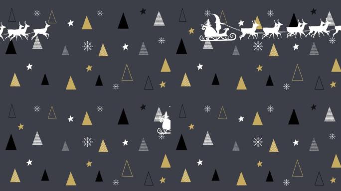 黑色背景上有驯鹿的雪橇上的圣诞树和圣诞老人动画