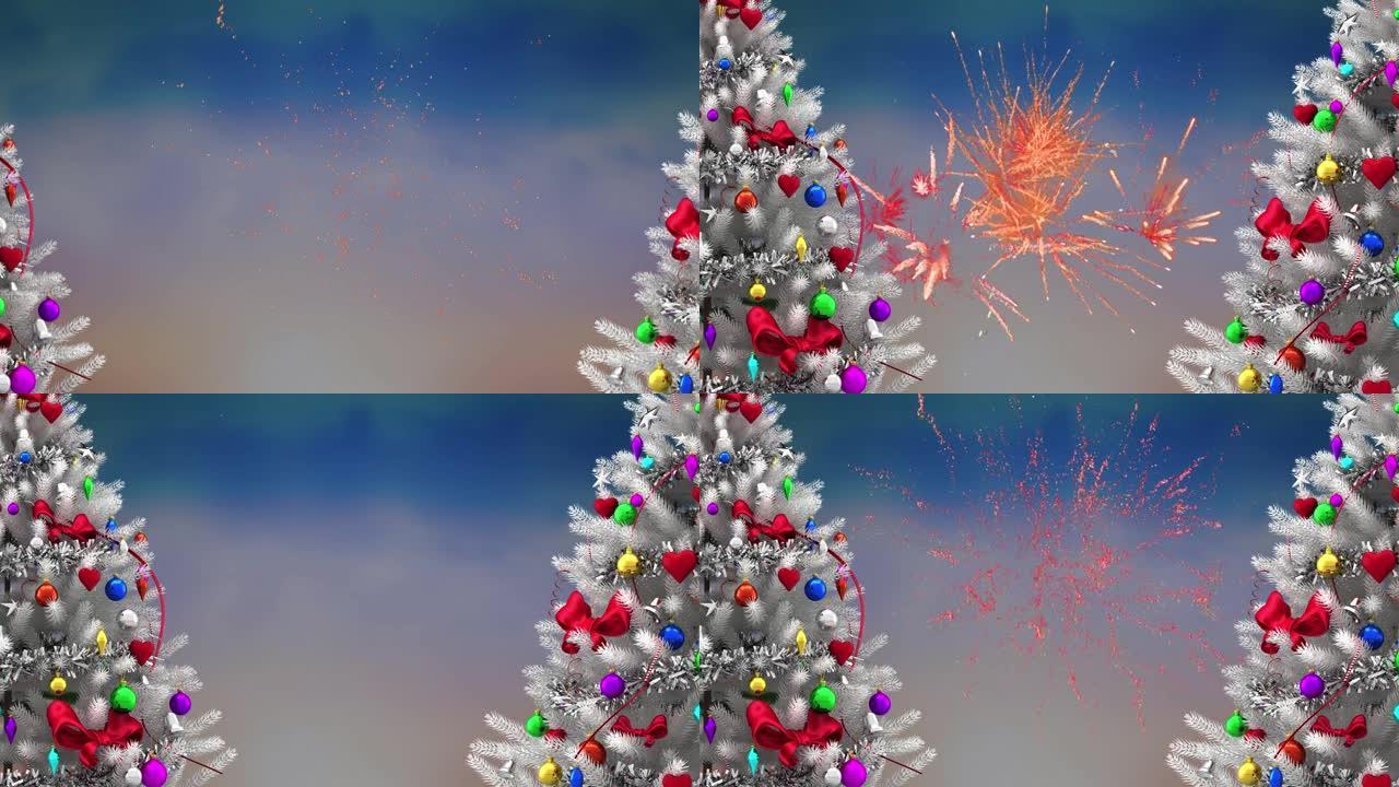蓝色背景上的烟花上的圣诞树动画