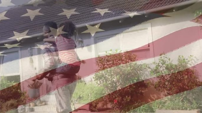 美国国旗动画在非裔美国父亲和女儿玩