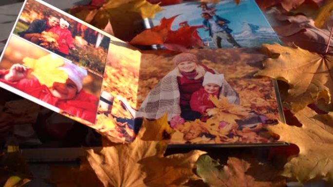 秋天的黄叶和家庭写真集。为相册背景安排的秋叶