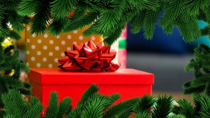 背景礼物上的圣诞杉树框架动画