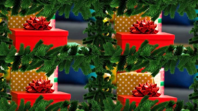 背景礼物上的圣诞杉树框架动画