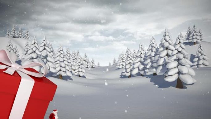 冬天风景中圣诞节礼物上的雪的动画