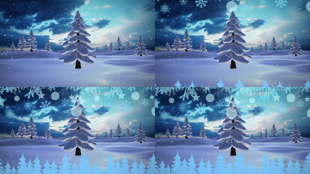 冬季景观上多棵树上的多棵圣诞树图标，防止雪落在多棵树上