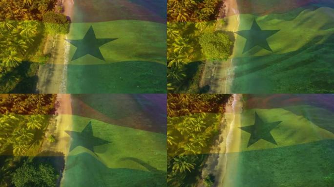 数字组成挥舞加纳旗帜反对海滩和海浪的鸟瞰图