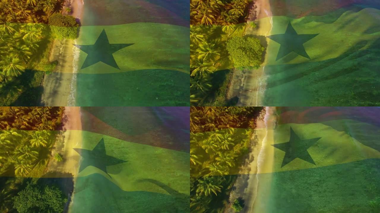 数字组成挥舞加纳旗帜反对海滩和海浪的鸟瞰图