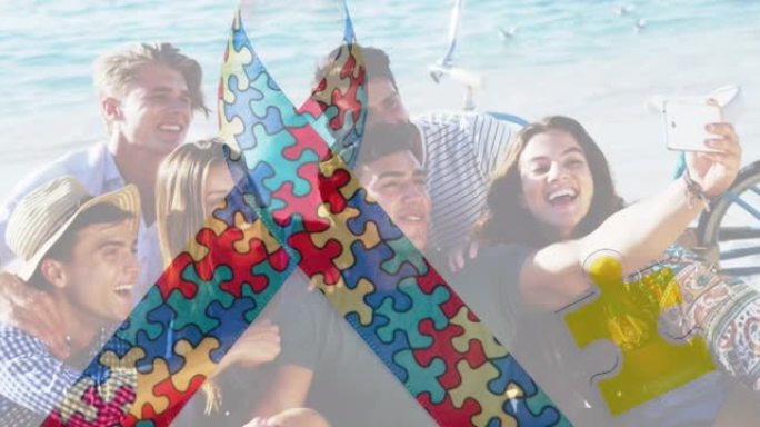 夏日海滩派对上快乐朋友的彩色拼图丝带动画