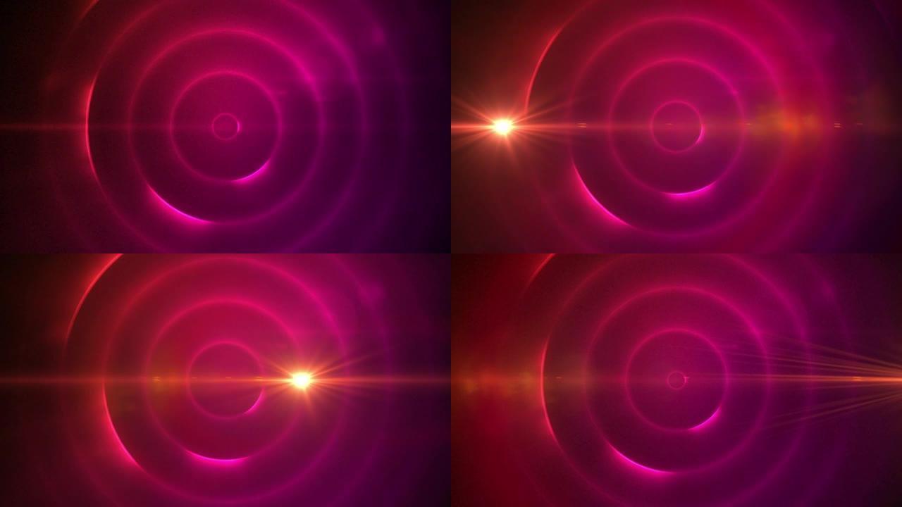 红色光斑与黑色背景上的粉红色螺旋光轨迹的数字动画