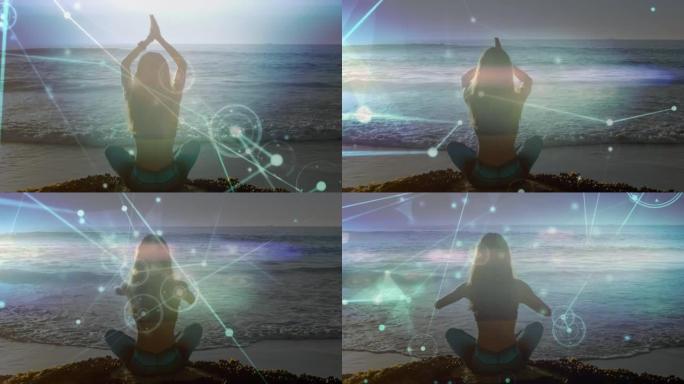 白人妇女在海滩上练习瑜伽的联系网络动画