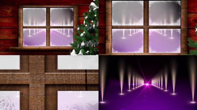 紫色背景上的圣诞树和木制窗框对着聚光灯