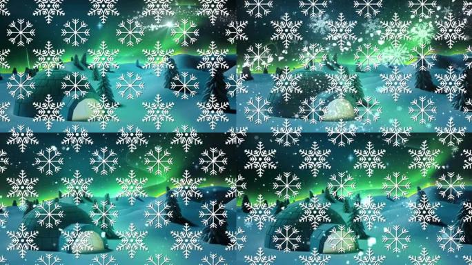 雪落在冰屋上的动画和冬天的风景