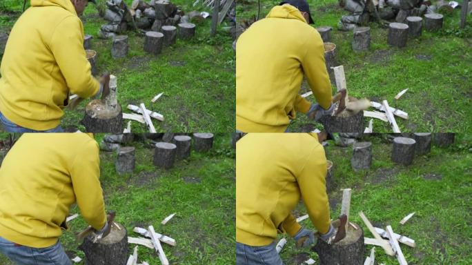 高级工人用老式斧头切碎原木制备钢坯
