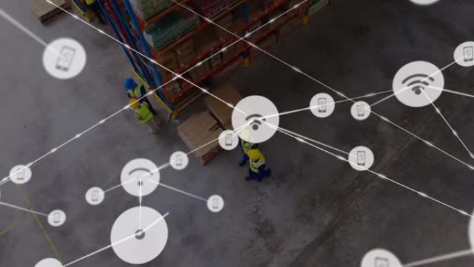 在仓库工作的人的图标连接网络动画