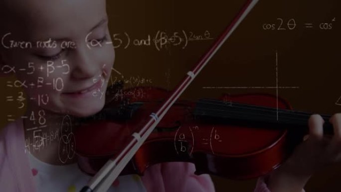 微笑的女学生拉小提琴的数学方程式动画