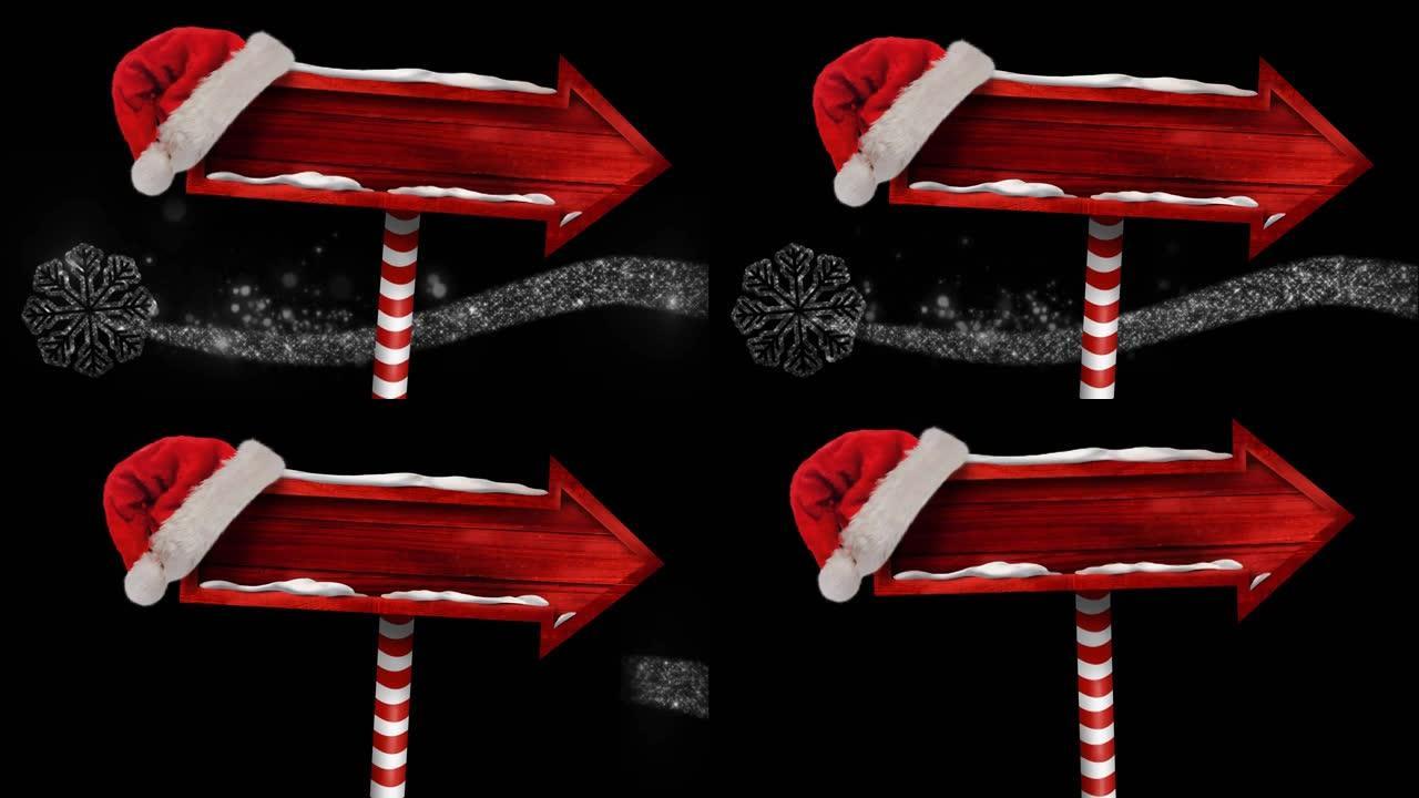 圣诞老人帽子在圣诞节下雪时的木制标志动画