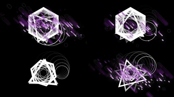 在黑色上的紫色光迹上旋转白色形状和数据加载环的动画