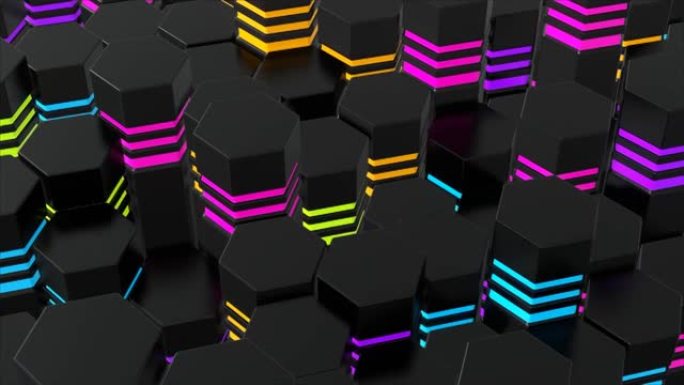4K抽象环形背景波的立方体在平面和霓虹灯。立方体网格。