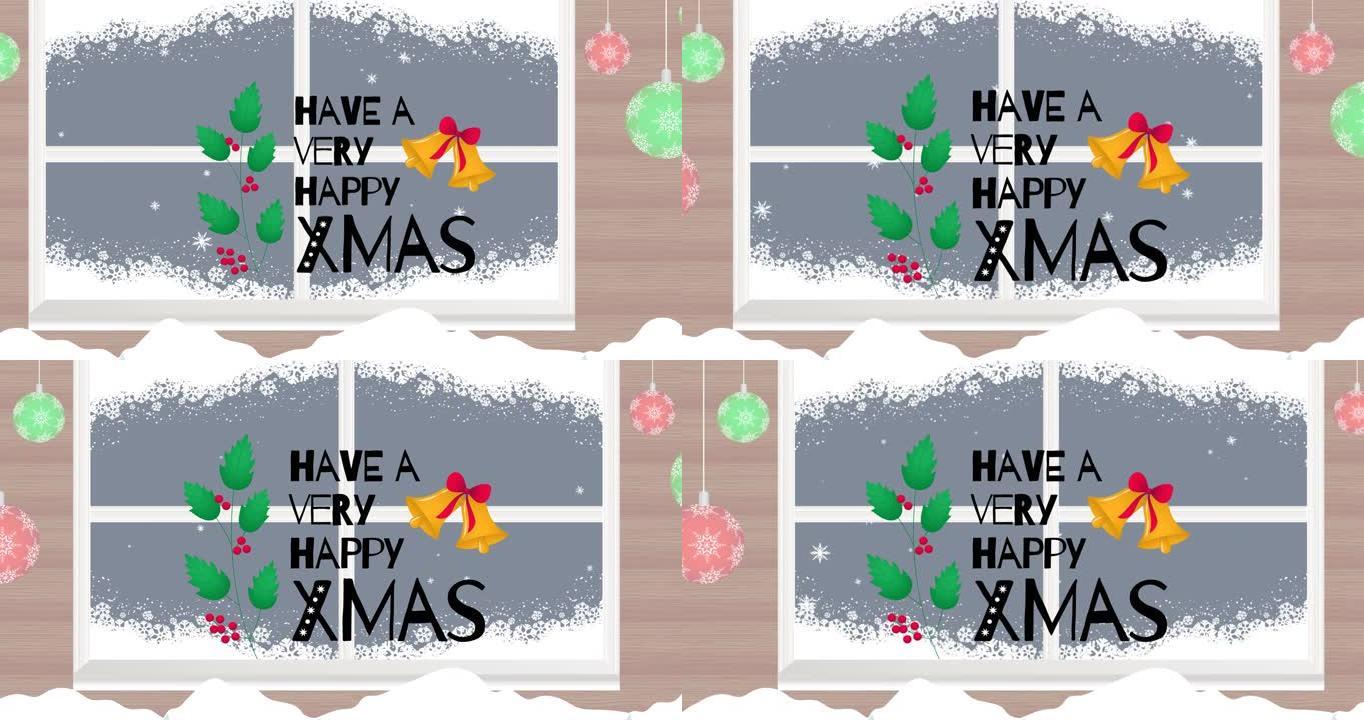 冬季白雪皑皑的窗户上有铃铛的圣诞节圣诞节文本的动画