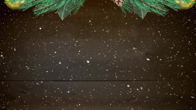 杉木树枝和圣诞节装饰的动画飘落的雪