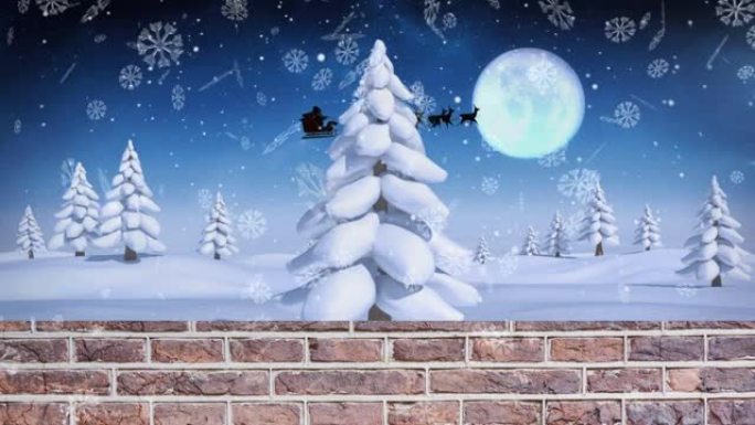 雪花落在砖墙木板上，映入夜空中的冬季景观和月亮